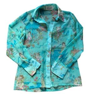 Vintage 70s Loubella Extendables Aqua Blue Floral Button Down 12/13